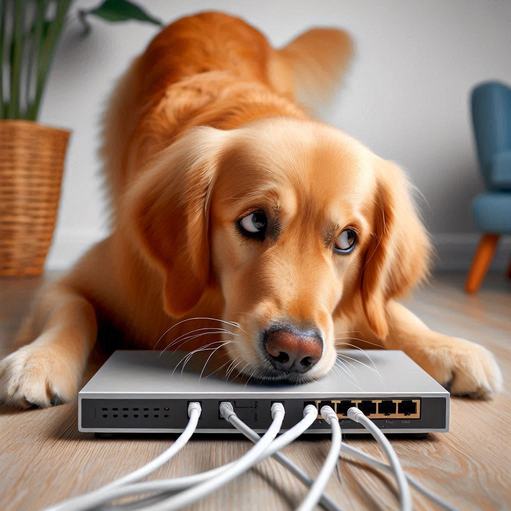 image of a dog sniffing a network device